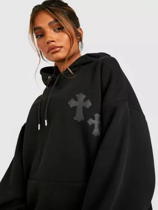 Cross Zip Women Hoodie Y2K PU Cross Applique Oversized Hoodies